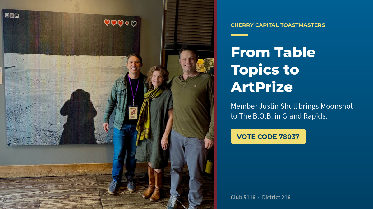 Justin Shull stands beside his painting Moonshot at The B.O.B. in Grand Rapids with Cherry Capital President Dana Cowell and Secretary Merek Roman.